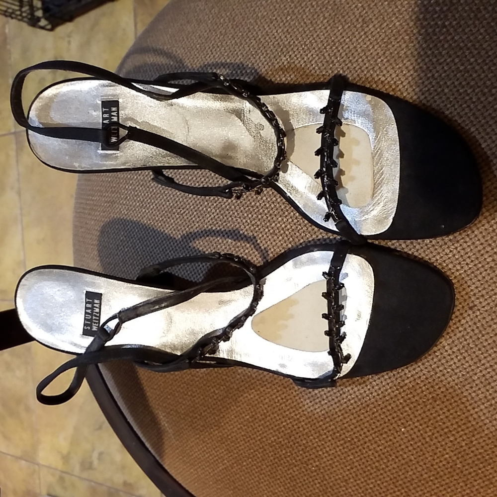 Stuart Weitzman Strappy Sandals. Black leaf pattern. Vintage
